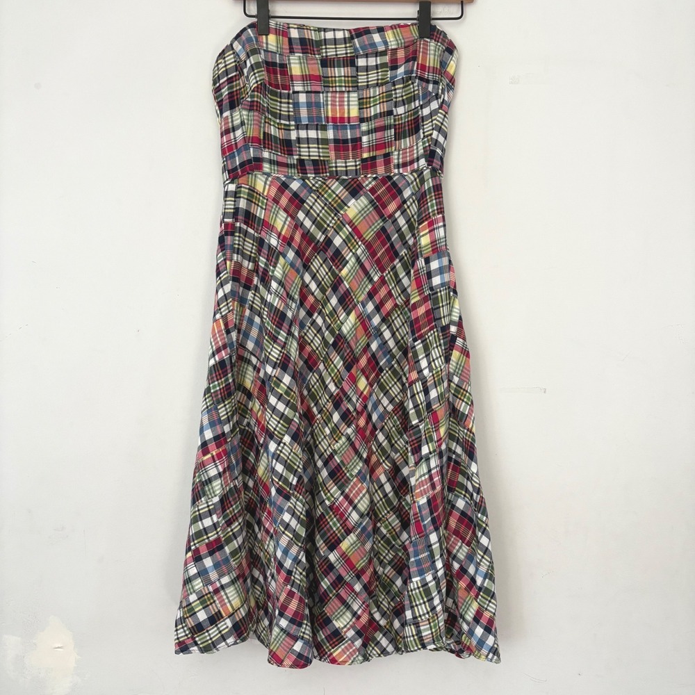 J. Crew Women Madras Midi Dress Strapless‎ Fit Flare Patchwork Preppy Y2K Wmn 8